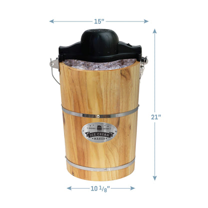 Elite Gourmet Old Fashioned 6 Quart Vintage Wood Bucket Electric Ice Cream Maker Machine Appalachian, *Bonus Classic Die-Cast Hand Crank for Churning, Uses Ice and Rock Salt Churns Ice Cream in Minute