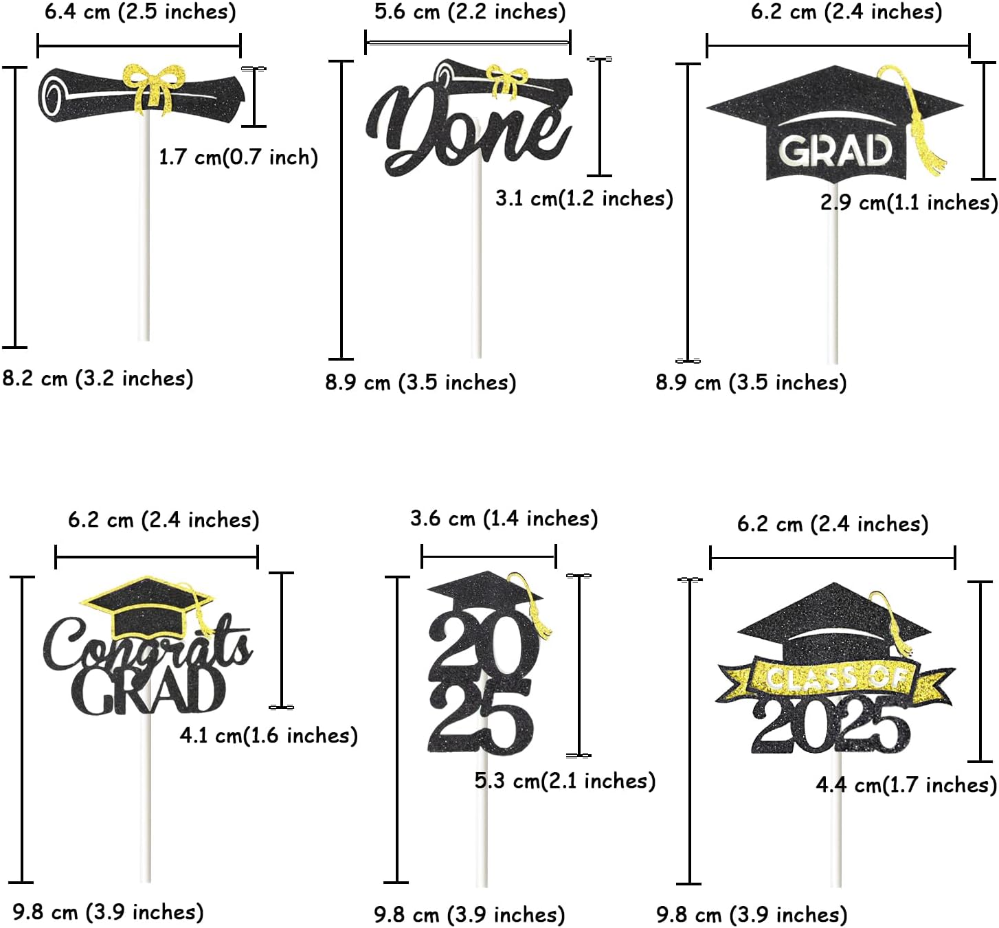 24 Pack 2025 Congrats Grad Cupcake Toppers Set, Glitter Graduation Cupcake Decor, Class of Cupcake Picks for Senior High School College Grad Party Decorations Supplies(Black with Gold) A