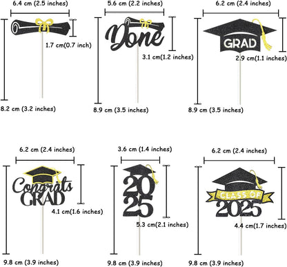 24 Pack 2025 Congrats Grad Cupcake Toppers Set, Glitter Graduation Cupcake Decor, Class of Cupcake Picks for Senior High School College Grad Party Decorations Supplies(Black with Gold) A