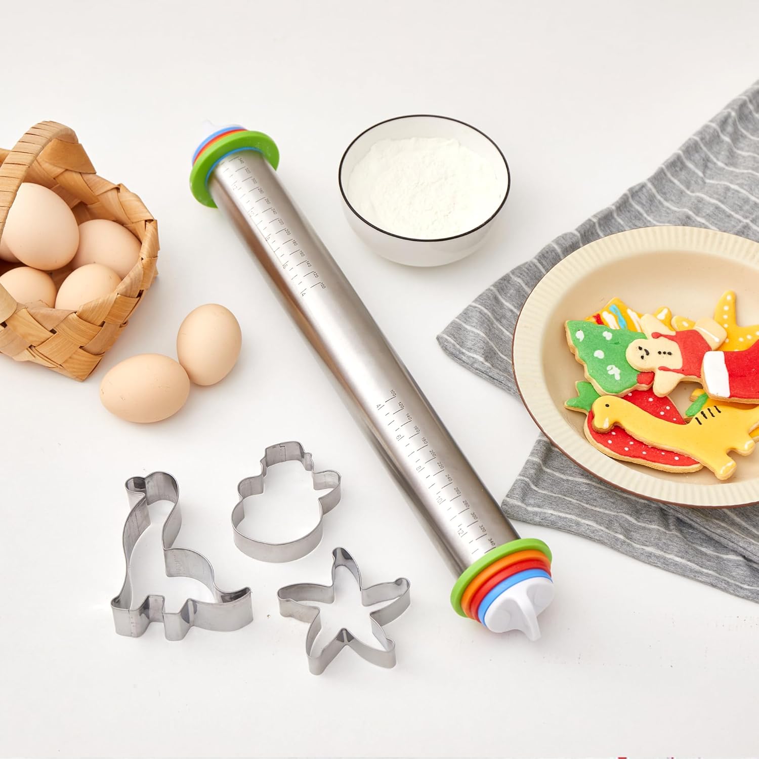 Rolling Pin with Thickness Rings, Fulimax 17" Adjustable Stainless Steel Rolling Pins for Baking, Dough Roller for Fondant Pizza, Pie, Pasta, Cookies, Cakes, Kitchen Baking Supplies