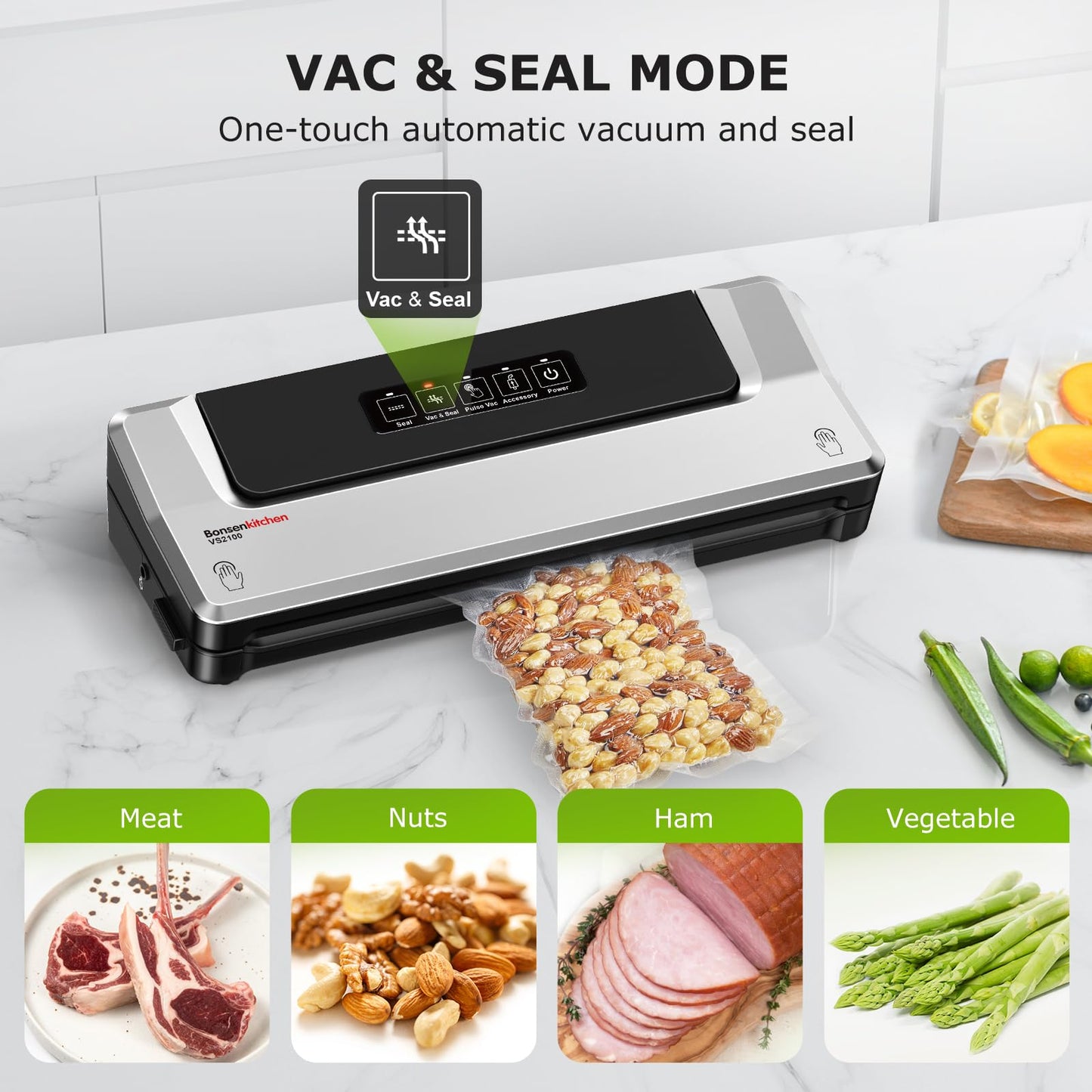 [Updated 2025] Bonsenkitchen Vacuum Sealer Machine + 40 Vacuum Bags, Fast-Compact/Multi-Functional Food Vacuum Sealer with External Vacuum System, Silver