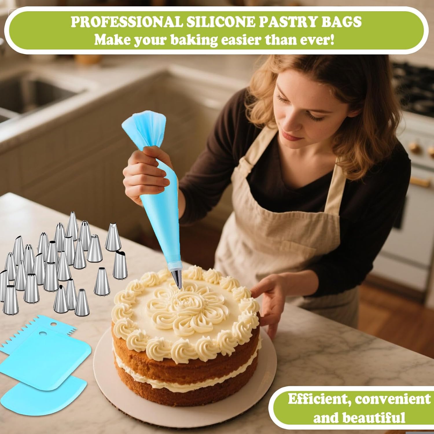 FANTEXY Piping Tips Set,29 Pieces Cake Decorating Supplies Kits with 24 Standard Piping Tips, 3 Scrapers,1 Converter,1 Reusable Pastry Bag, Stainless Steel Icing Nozzles for Cakes, Cupcakes, Cookies