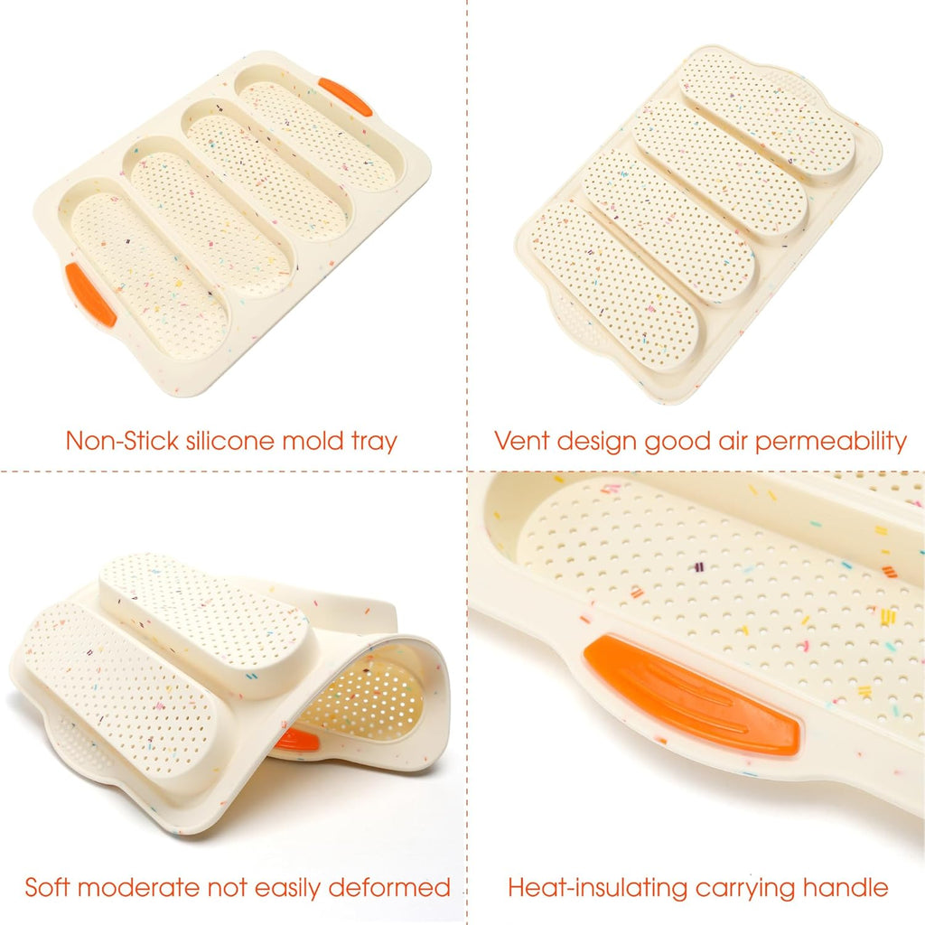 French Bread Hoagie Sub Roll Baking Pans 4-slot, Non Stick Silicone Mould Mold Tray for Sandwich Baguette Hot Dog Bun Loaf Food, Mini Tool Set for Restaurant Homemade Household Breakfast Dinner-Beige