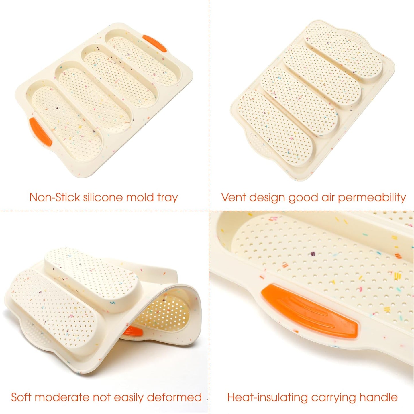 French Bread Hoagie Sub Roll Baking Pans 4-slot, Non Stick Silicone Mould Mold Tray for Sandwich Baguette Hot Dog Bun Loaf Food, Mini Tool Set for Restaurant Homemade Household Breakfast Dinner-Beige