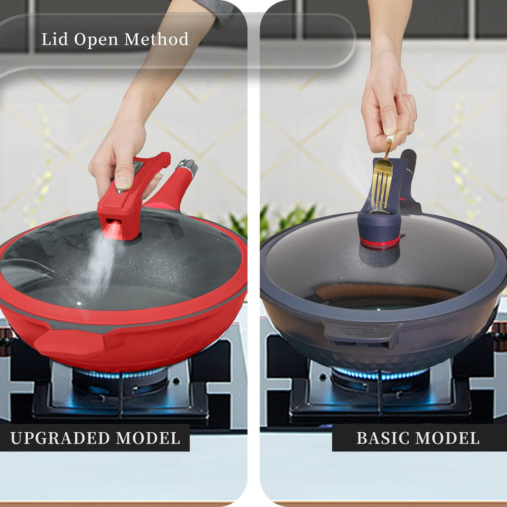 TIBORANG Nonstick 8 in 1 Multipurpose Woks and Stir Fry Pans,12.6 Inch 6L Heat Indicator Diecast Aluminum Titanium Coating Chinese Wok Pan with Lid, Silicone Spatula,Steamed Grid(Crimson Red)…