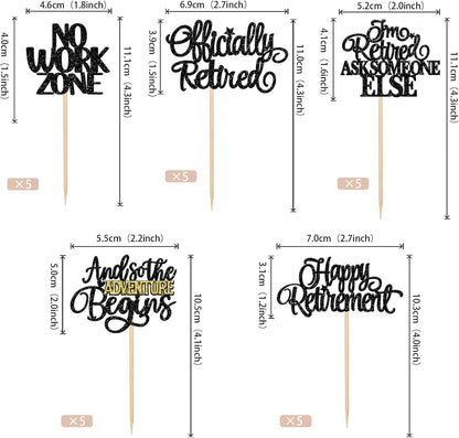 30 PCS Happy Retirement Cupcake Toppers Officially Retired No Work Zone Adventure Begins Cupcake Picks for Retirement Theme Farewell Birthday Party Cake Decorations Supplies Black