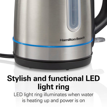 Hamilton Beach Electric Tea Kettle, Water Boiler & Heater, 1.7 Liter, Cordless Serving, 1500 Watts for Fast Boiling, Auto-Shutoff and Boil-Dry Protection, Stainless Steel with LED Light Ring (41037)