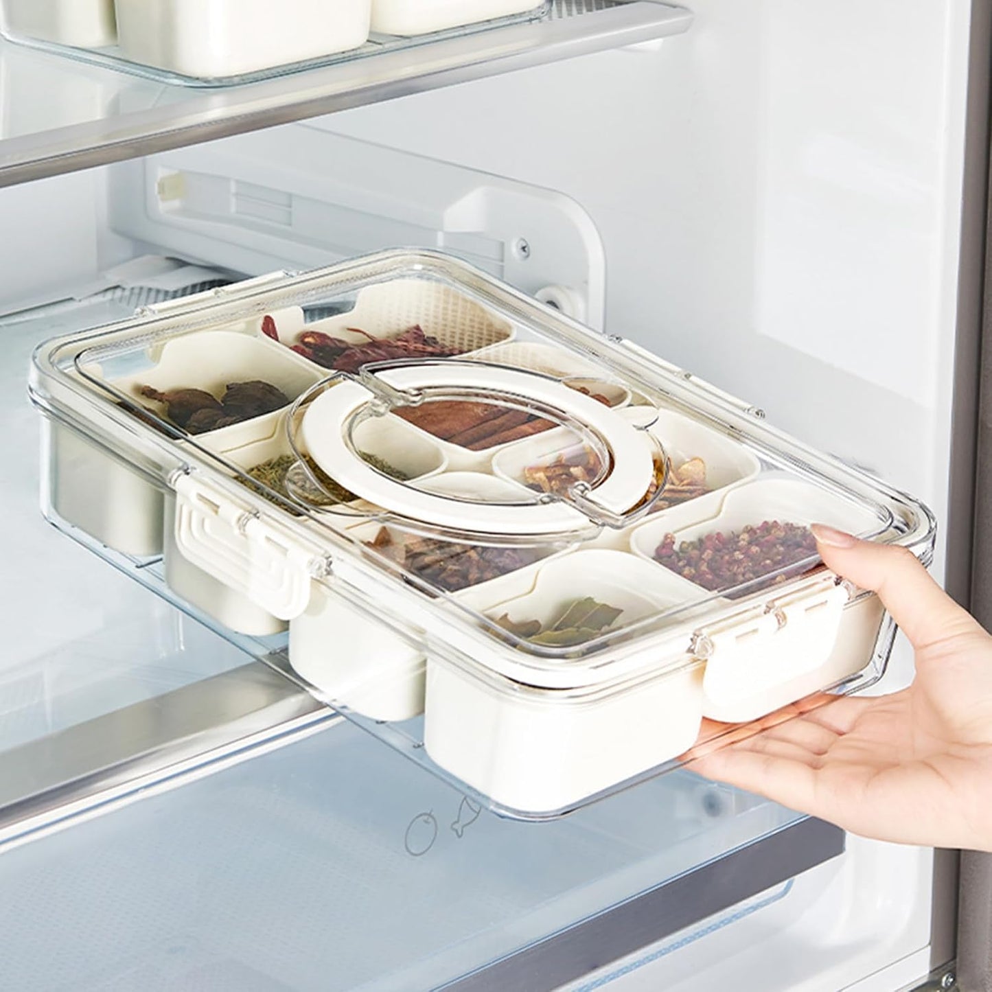 Plastic Divided Serving Tray with Lid and Handle Snack Box Charcuterie Container Portable Snack Platters Organizer for Candy, Fruits, Snacks, Nuts, for Party, Entertaining (White 8 compartments)