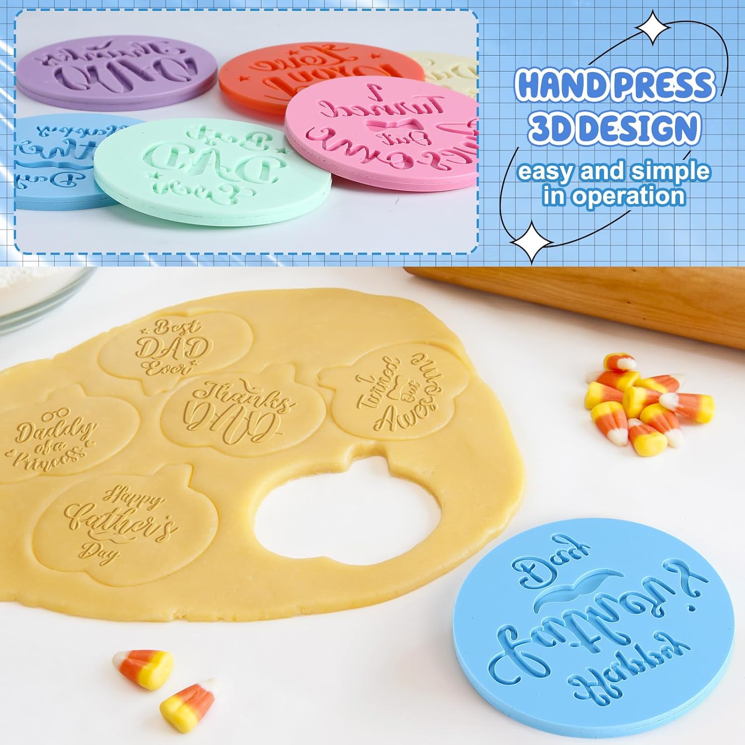 Zubebe 6 Pcs Cookie Stamp Tool Cake Embosser Cutters Mini Cake Mold Fondant Stamp 3D Design Cookie Embosser for Party Supplies Kitchen DIY Baking Tools(Father's Day)