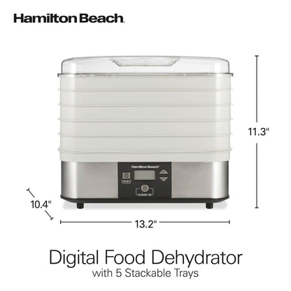 Hamilton Beach Digital Food Dehydrator for Fruit and Jerky, Vegetables and More, 5 Trays, Adjustable Temperature, 48 Hour Timer + Auto Shutoff, Grey (32100A)