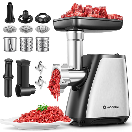 AAOBOSI Meat Grinder, 4-In-1 Meat Grinder Electric [2800W Max] with 3 Slice, Shred Blades,2 Blades,3 Plates,Sausage Stuffer,Kubbe Kit, for Home Kitchen Use, Stainless Steel