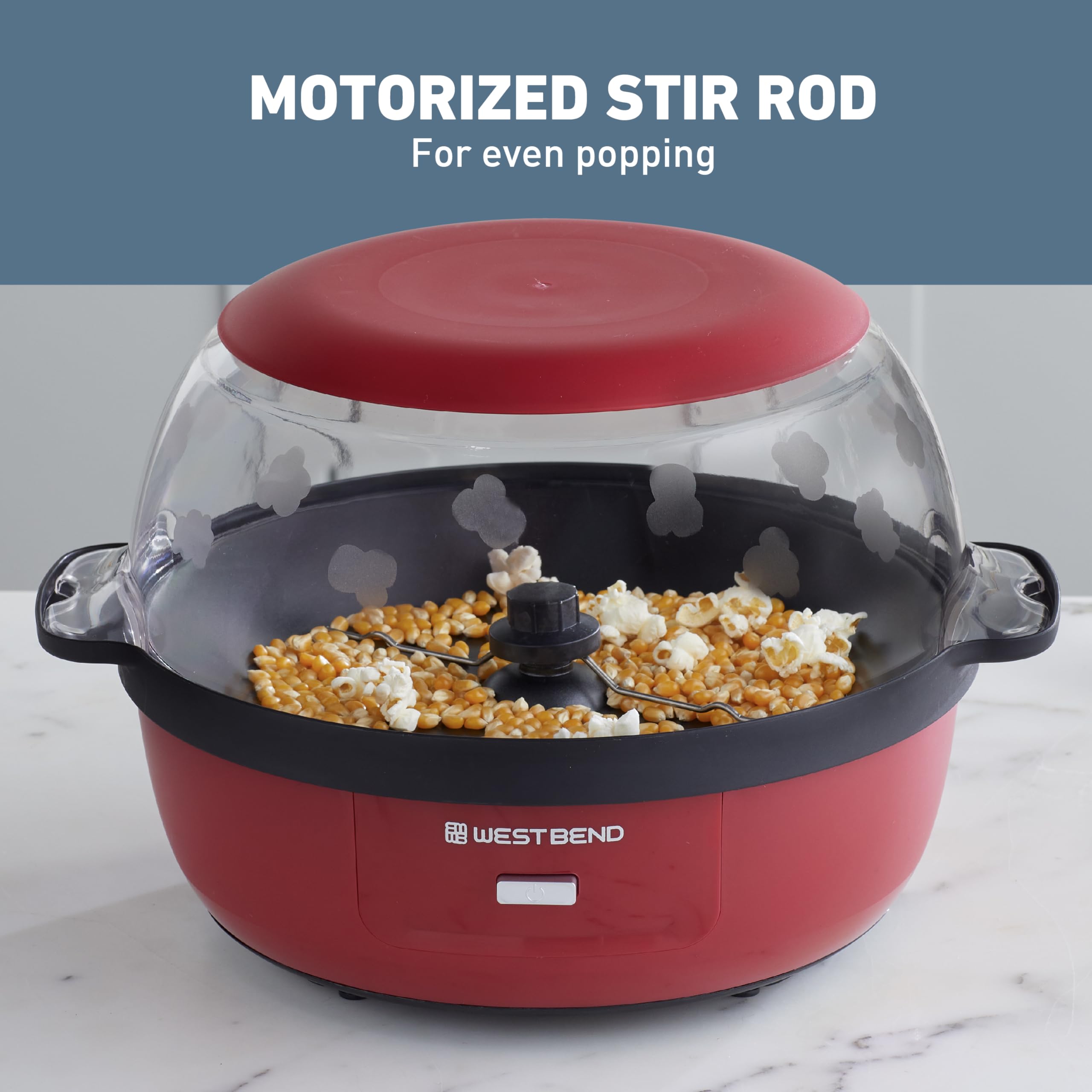 West Bend Stir Crazy Hot Oil Popcorn Popper, Popcorn Maker Machine with Large Serving Bowl Lid and Stirring Rod, 6 Qt, Red