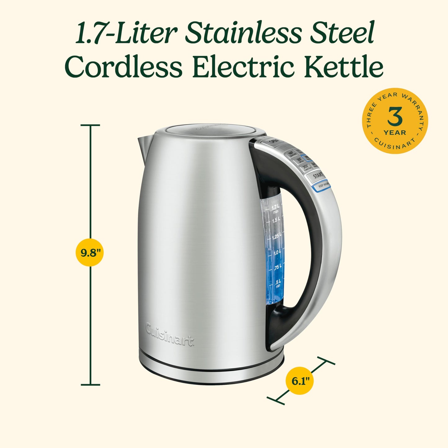 Cuisinart 1.7-Liter Stainless Steel Cordless Electric Kettle with 6 Preset Temperatures