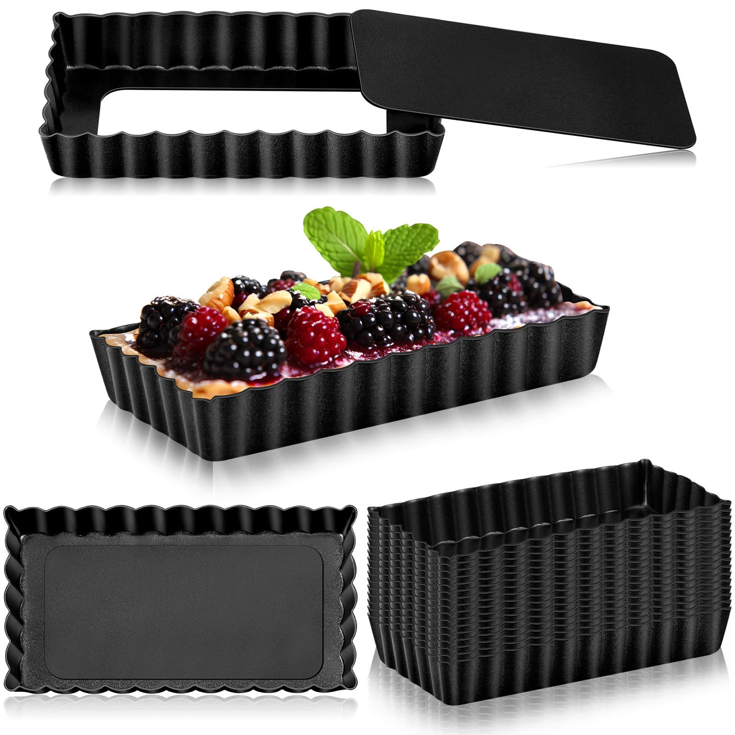 Tessco 16 Pieces Mini Tart Pans with Removable Bottom Nonstick Quiche Mini Pie Tart Pans Bakeware Mold Fluted Side for Pies(Black Gray Round,3 Inch)