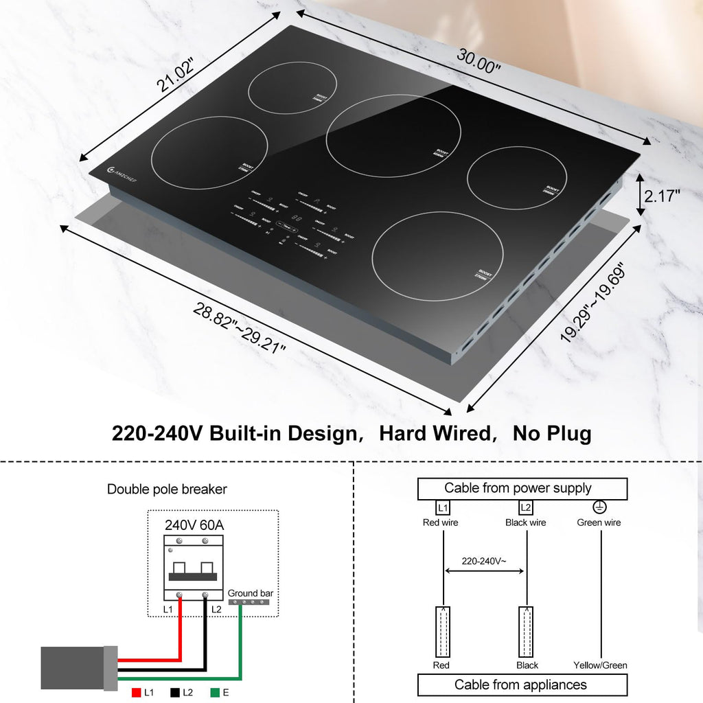 30-calowa płyta indukcyjna 10600 W, kuchenka elektryczna AMZCHEF 9 poziomów z 5 palnikami BOOST, wbudowana płyta indukcyjna, sterowanie za pomocą ekranu dotykowego, blokada bezpieczeństwa dla dzieci, niezależny timer, brak wtyczki, 240 V