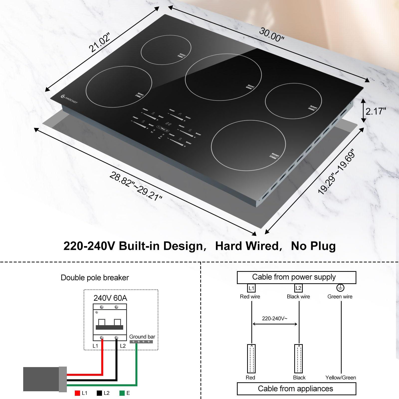 30-calowa płyta indukcyjna 10600 W, kuchenka elektryczna AMZCHEF 9 poziomów z 5 palnikami BOOST, wbudowana płyta indukcyjna, sterowanie za pomocą ekranu dotykowego, blokada bezpieczeństwa dla dzieci, niezależny timer, brak wtyczki, 240 V
