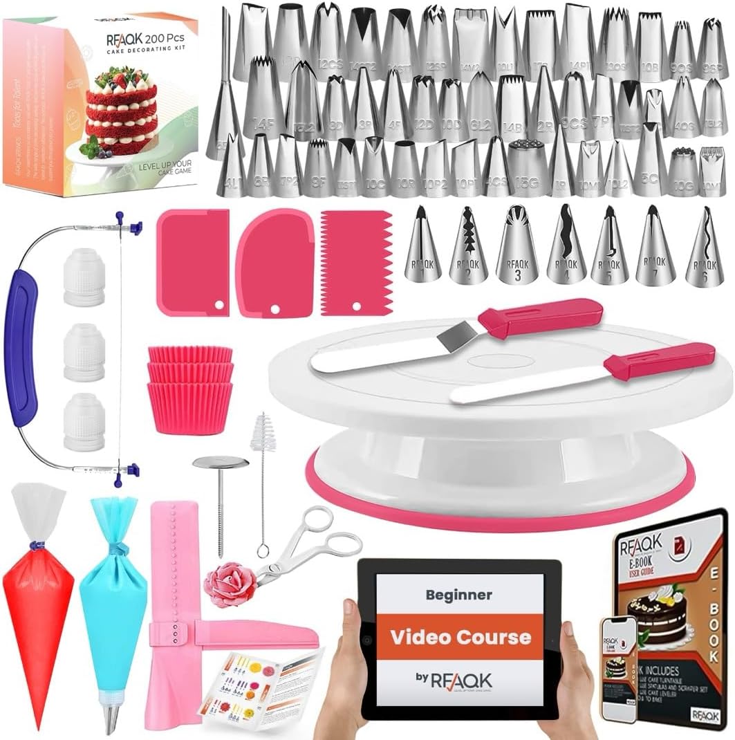 RFAQK 200PCs Cake Decorating Kit for Beginners with Turntable for Decoration - Piping Bags and Tips Set (110+55), Straight & Offset Spatula, Leveler, Video Course, Pattern Chart & More Baking Supplies