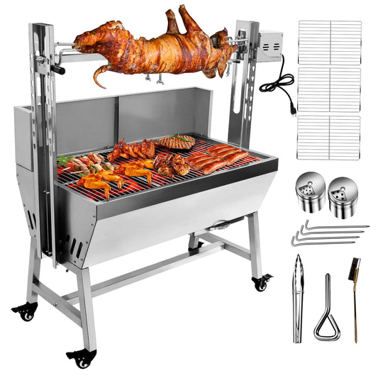 KODOM 132LBS Stainless Steel Rotisserie Grill with Back Cover Guard, 25W Motor Small Pig Lamb 37 Inch BBQ Charcoal Rotisserie Roaster Grill for Camping Outdoor Kitchen