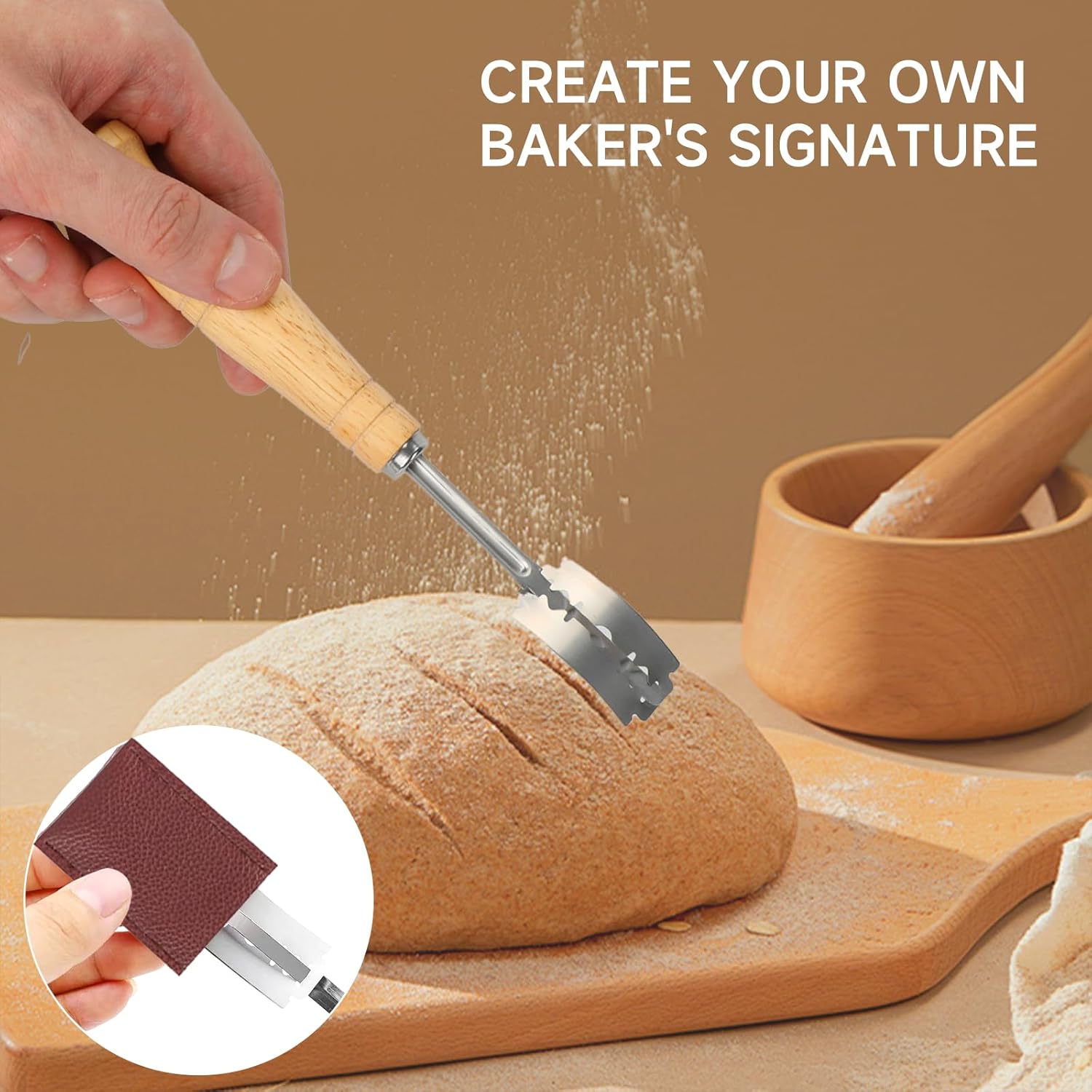 Hand Crafted Bread Lame Premium Sourdough Scoring Tool Bread Making Tools Set of 3 pieces Bread Knife(5 Blades) with Danish Dough Whisk and Dough Scraper Bread Cutter