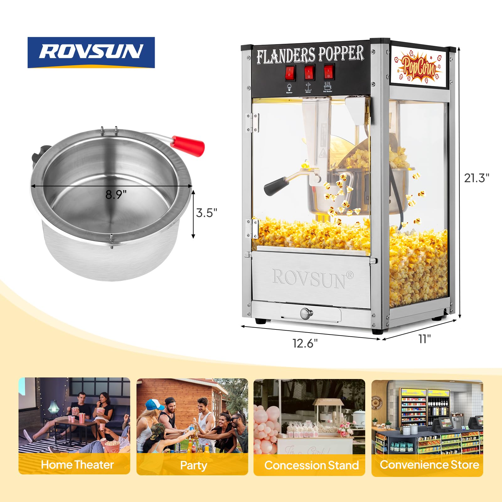 Maszyna do popcornu ROVSUN z czajnikiem 8 uncji, która pozwala przygotować do 32 filiżanek, komercyjna maszyna do popcornu, blatowa maszyna do popcornu ze stalową łyżką, łyżką do oleju i 3 kubkami do popcornu do kina domowego, czarna