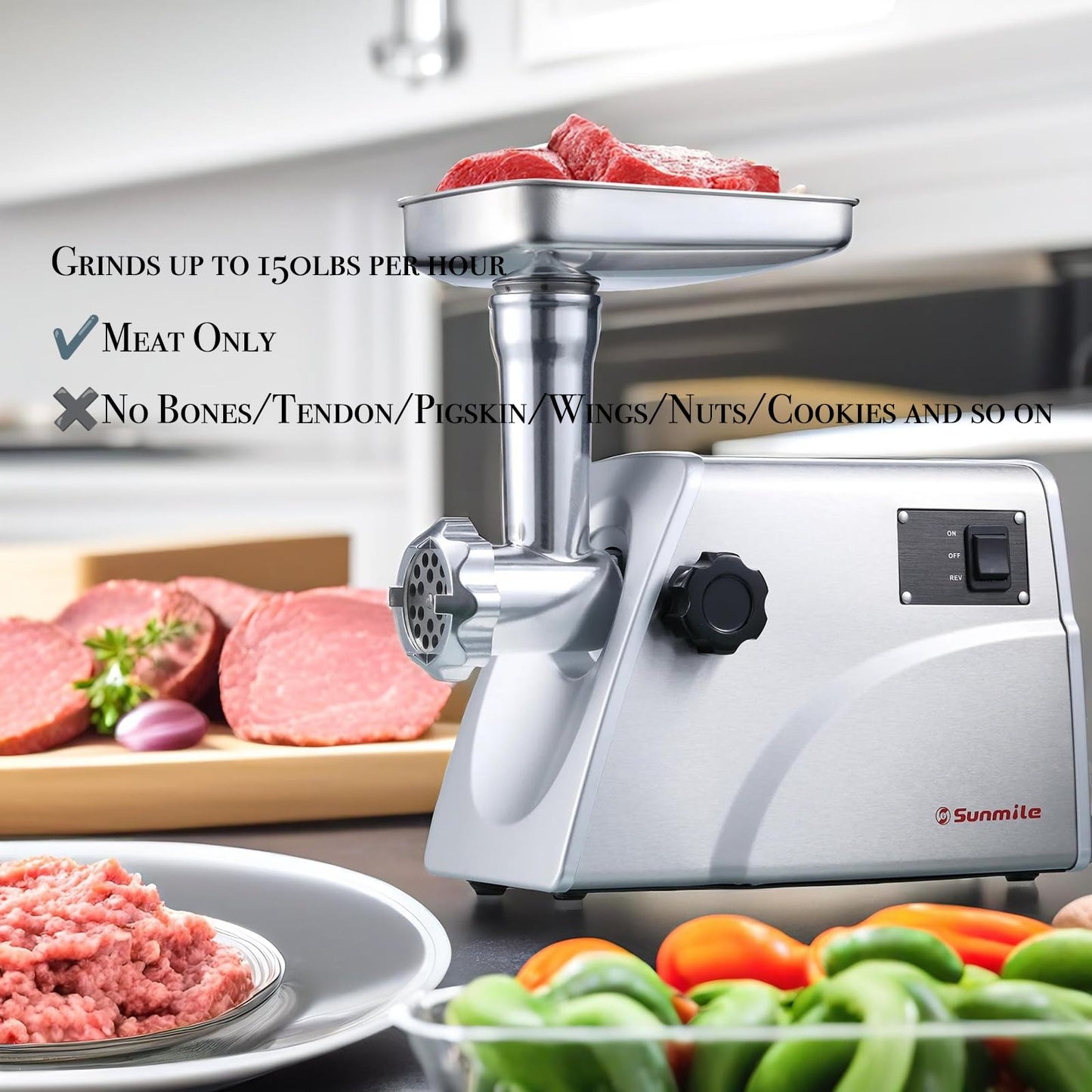 Sunmile SM-G33 Electric Meat Grinder - 1HP 800W Max Power - ETL Stainless Steel Meat Grinder Mincer Sausage Stuffer, Stainless Steel Blade and Plates and 1 Sausage Maker