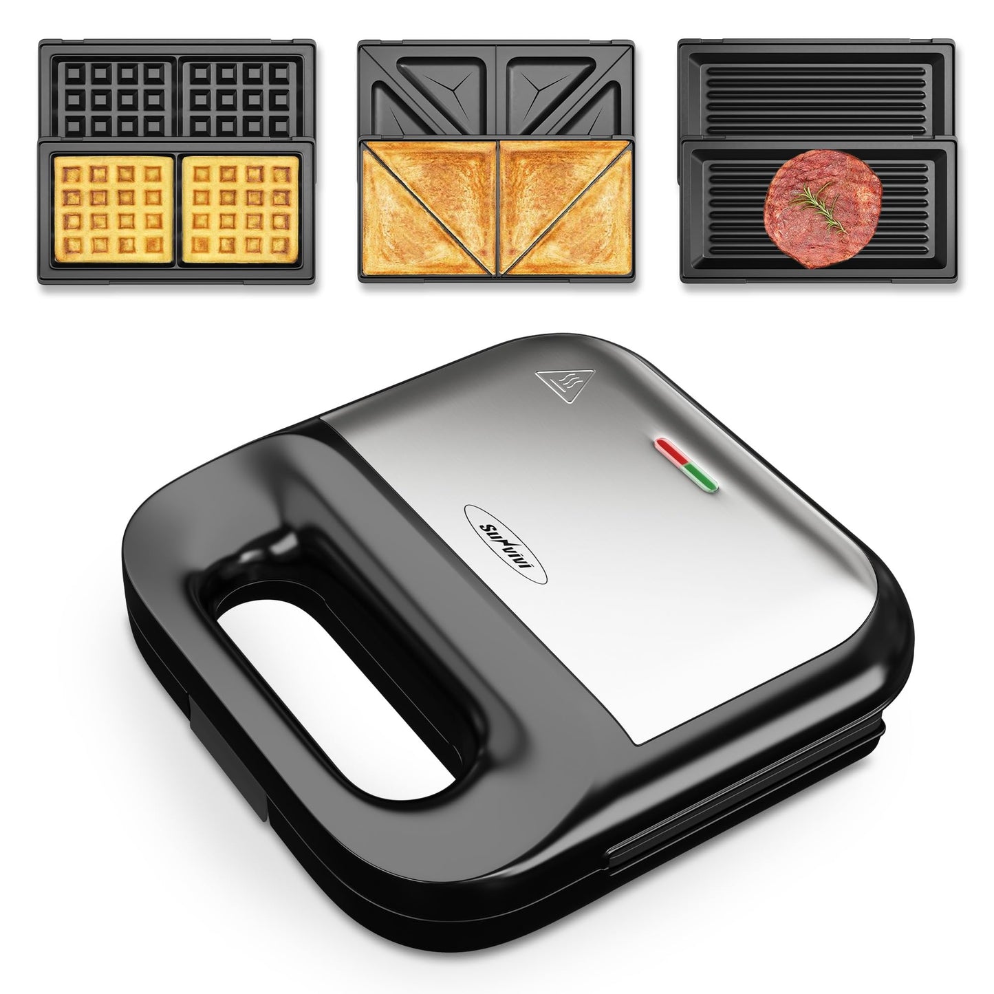 Sunvivi Waffle Iron, Panini Press Grill and Sandwich Maker Set, 3 in 1 Electric Sandwich Press with Removable Non-Stick Plates, Indicator Lights & Cool Touch Handle 750W