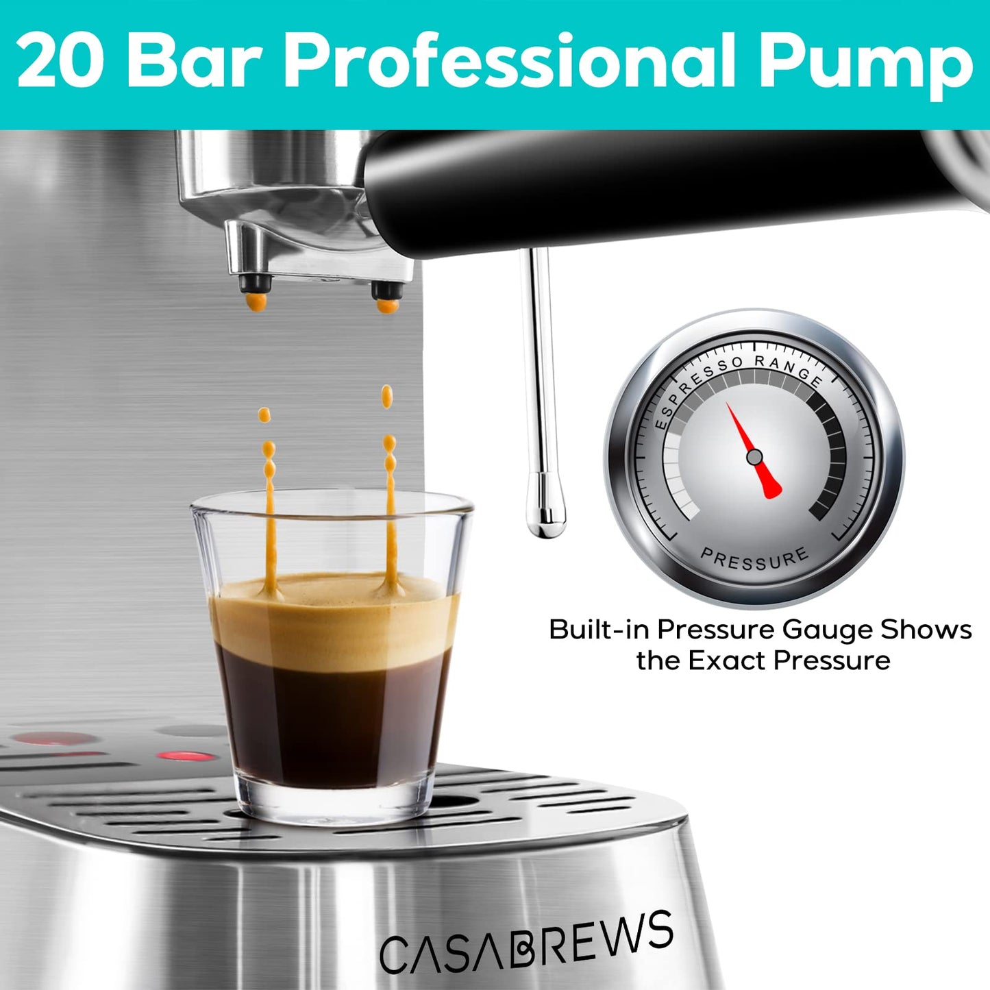 CASABREWS Espresso Machine 20 Bar, Compact Espresso Maker with Steam Milk Frother, Stainless Steel Coffee Machine with 34oz Removable Water Tank for Cappuccino, Latte, Silver