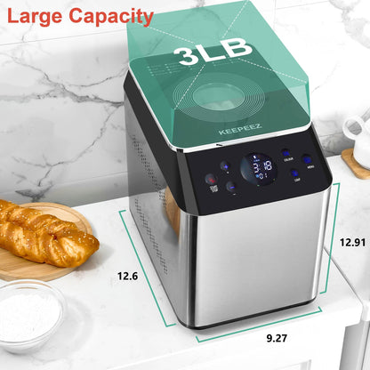 3LB Larger & 20-in-1 Ultra Quiet Bread Maker Machine, 710W Die-Cast Ceramic Pan Bread Machine with Dual Heaters, Stainless steel Breadmaker with Auto Fruit Dispenser & 2 Custom Menus,Extra 2 Paddles