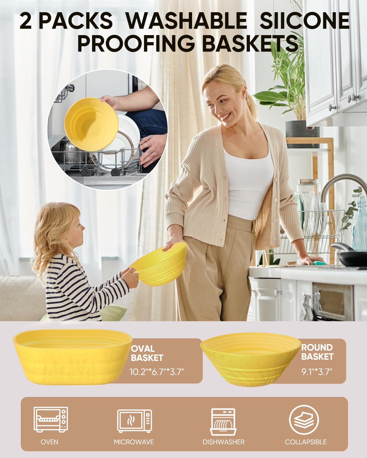 Sourdough Bread Baking Supplies 34 OZ Sourdough starter kit with 2 Bread Proofing Basket - Yellow