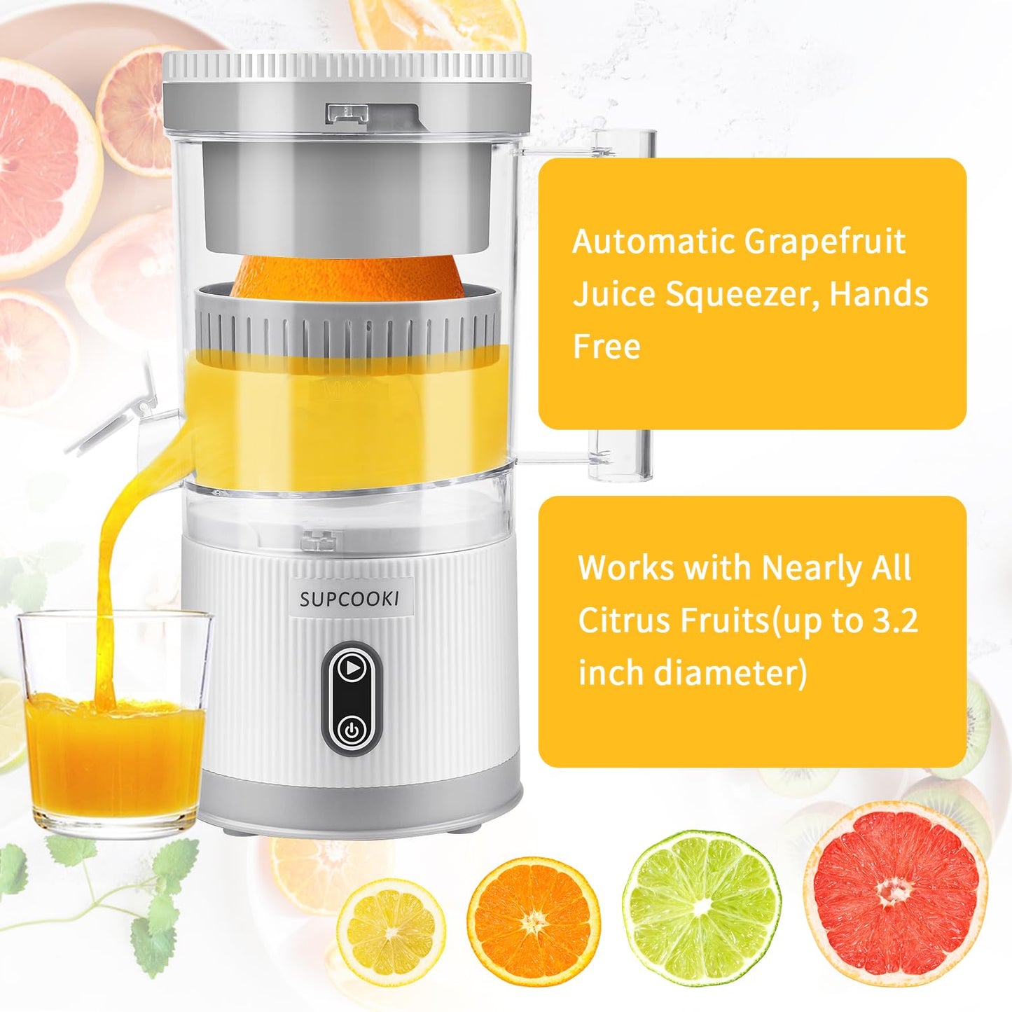 Electric Citrus Juicer, Rechargeable Juicer Machine with USB Cable and Cleaning Brush, Touch Button, Automatic Orange Lime Lemon Grapefruit Squeezer, Easy to Clean Portable Juicer, White