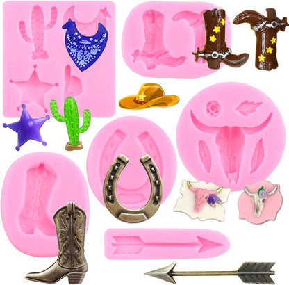Mujiang Bull Head Silicone Molds Feather Arrow Cowboy Boots Horseshoe Hoof Fondant Mold Chocolate Cactus Star Shoe Mold For Candy Cake Decorating Cupcake Topper Gum Paste Polymer Clay Set Of 6
