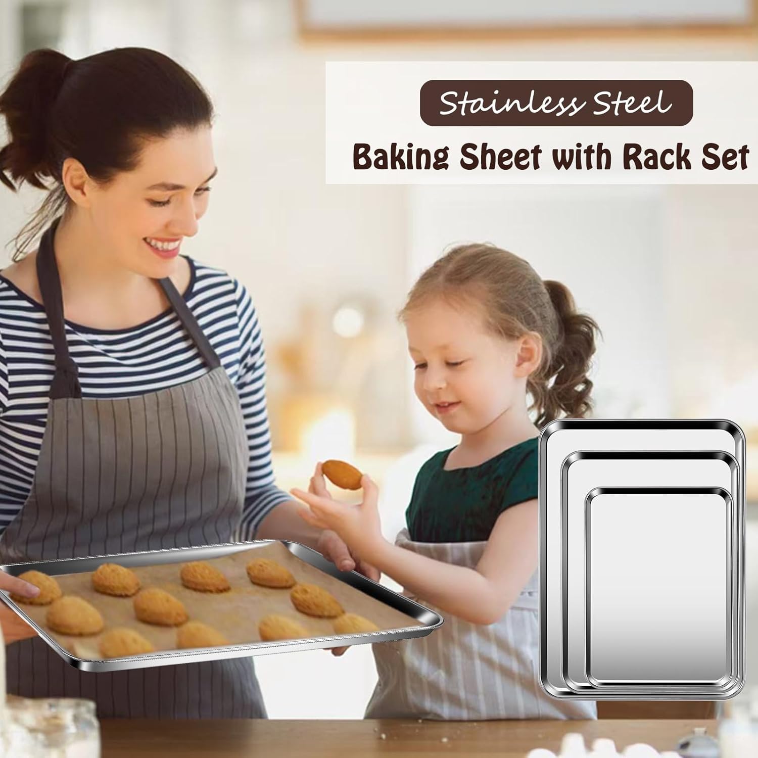 Baking Sheet with Racks Set [2 Sheets + 2 Racks], Stainless Steel Baking Sheets with Cooling Racks, Nonstick Pan, Warp Proof & Rust Proof & Easy to Clean, Size 12 X 10 X 1 Inch