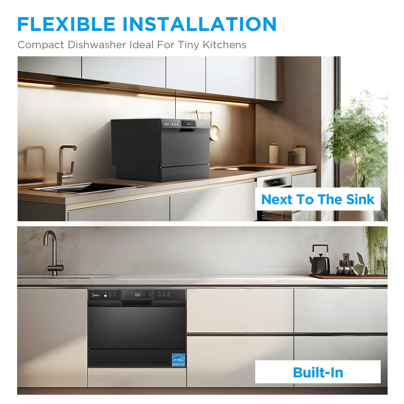 Midea MDC22P1ABB Table-top Countertop, Energy Star Portable Dishwasher, 6 Place Settings & 8 Washing Programs, Speed, Baby-Care, ECO& Glass, Dish Washer for Dorm, RV& Apartment, Black
