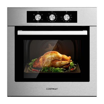 COSTWAY 24" Single Wall Oven, Electric Built-in Wall Oven with 2.47 Cu. Ft. Capacity, 5 Cooking Functions, 360° Rotisserie and Timer, 2300W Built-in Oven in Stainless Steel with Mechanical Knobs