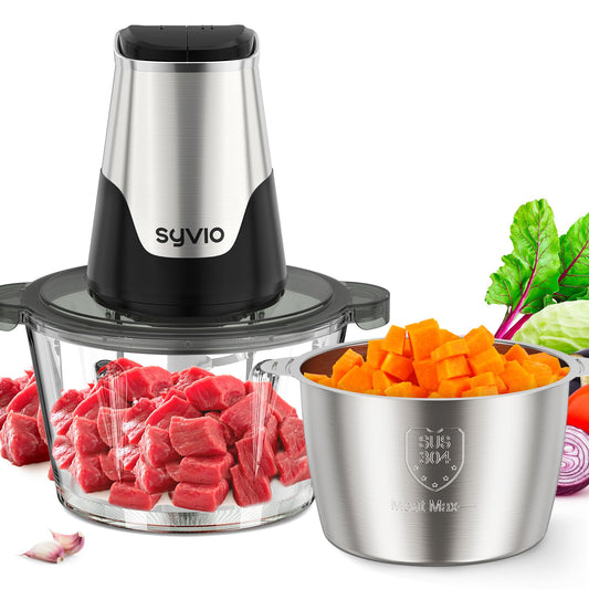 Syvio Food Processors with 2 Bowls, Meat Grinder 4 Bi-Level Blades, Mini Electric Food Chopper 450W, for Baby Food, Meat, Onion, Vegetables, 2 Speed, 8 Cup and 8 Cup