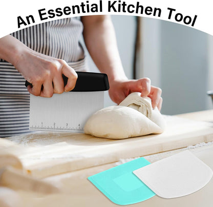 Bench Scraper, Premium Stainless Steel Dough Scraper with 2 PCS Flexible Bowl Scraper, Dough Cutter with Measuring Scale, Versatile Kitchen Scraper Set for Pastry Bread Pizza Cake