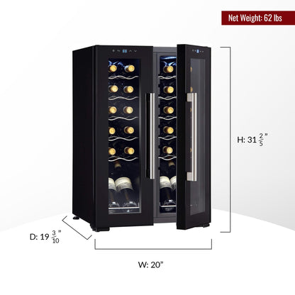 Wine Enthusiast 24-Bottle French Door Dual-Zone Compressor Wine Cooler - Freestanding Wine Refrigerator with Split Storage & 41-64°F Temperature, 2 Glass Pane Doors & Touchscreen LED Controls