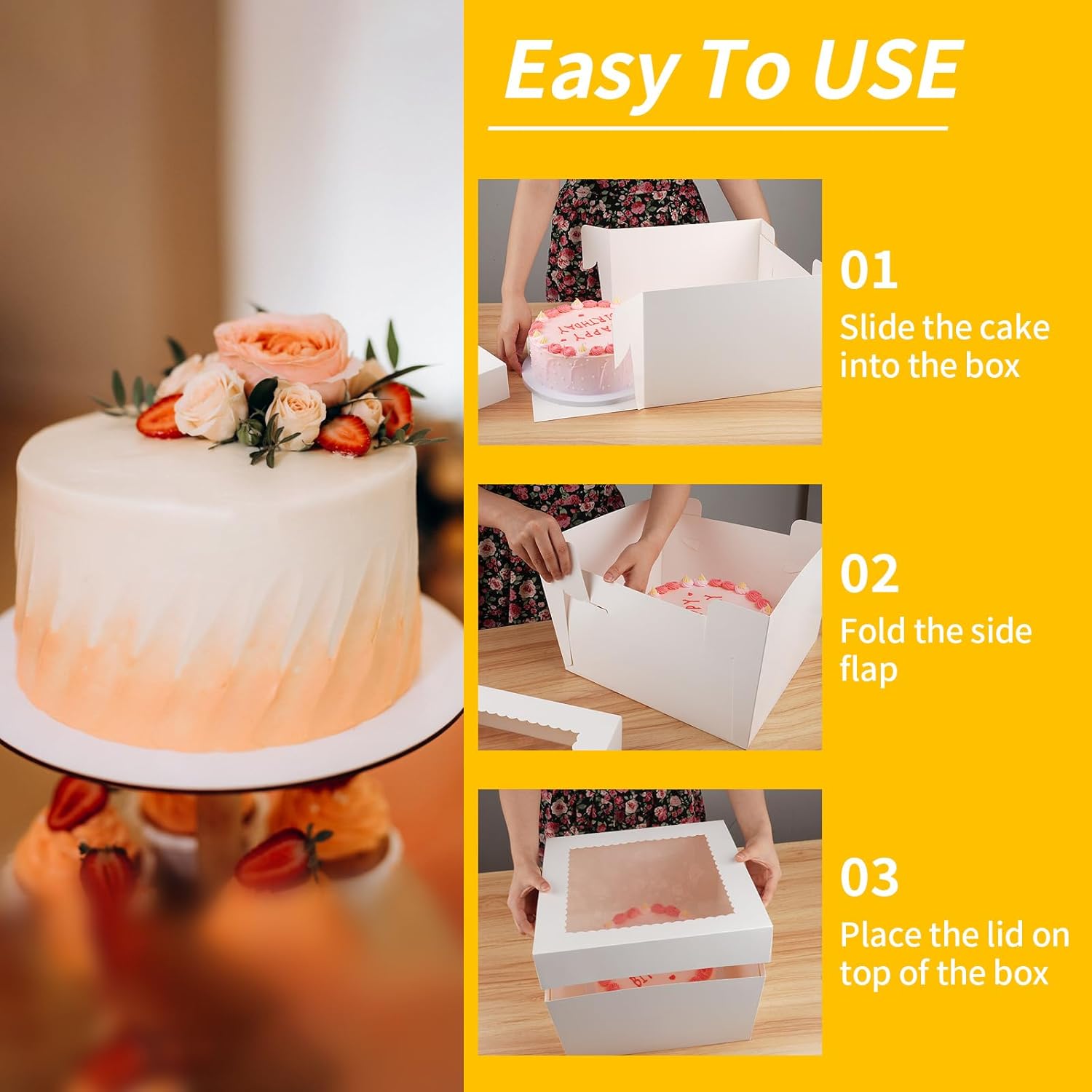 WINKIO 4 Pack Cake Boxes 12 Inch, Disposable Cake Transport Container, White Bakery Boxes with Large Window, for Cookies Pies Cupcakes Pastry (12×12×8 Inches)