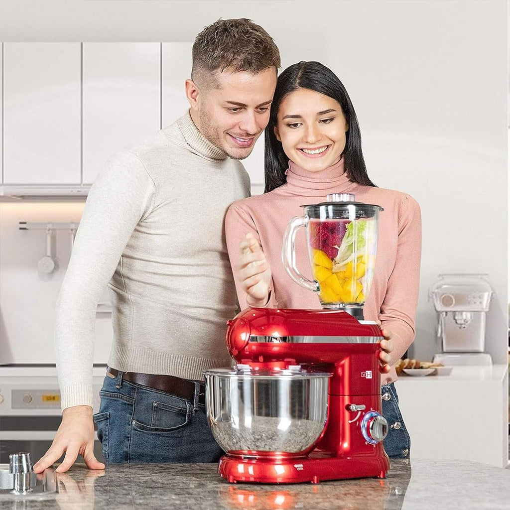 VIVOHOME 3 w 1 wielofunkcyjny mikser stojący z 6-litrową misą ze stali nierdzewnej, 650 W, 6-biegowa maszynka do mięsa z odchylaną głowicą, blender do soków, czerwony