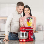 VIVOHOME 3 w 1 wielofunkcyjny mikser stojący z 6-litrową misą ze stali nierdzewnej, 650 W, 6-biegowa maszynka do mięsa z odchylaną głowicą, blender do soków, czerwony