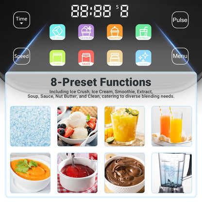 AMZCHEF 8-IN-1 Professional Blender, 2000 W Commercial Blenders for Kitchen with Timer, Innovative LED Touch Panel with 8 Preset Programs, 10 Speeds Blender for Shakes and Smoothies, 68 oz, Black