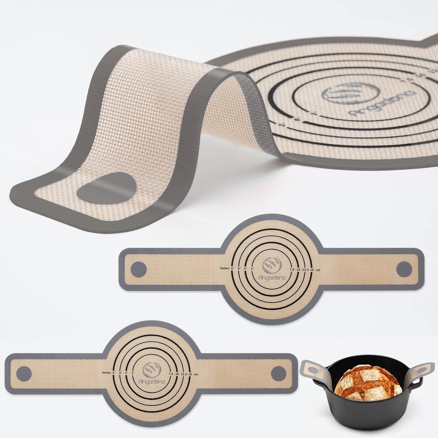Silicone Bread Sling Dutch Oven - Best Japan Silicone Non-Stick & Easy Clean Reusable Baking Mat With Extra Long Handles, 2 Grey Set for Transferable Dough