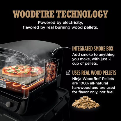 Ninja Woodfire Outdoor Pizza Oven, 8-in-1 Portable Electric Roaster Oven, Heats up to 700°F, 5 Artisan Pizza Settings, Integrated BBQ Smoker Box, Includes Flavored Wood Pellets, Red (Renewed)