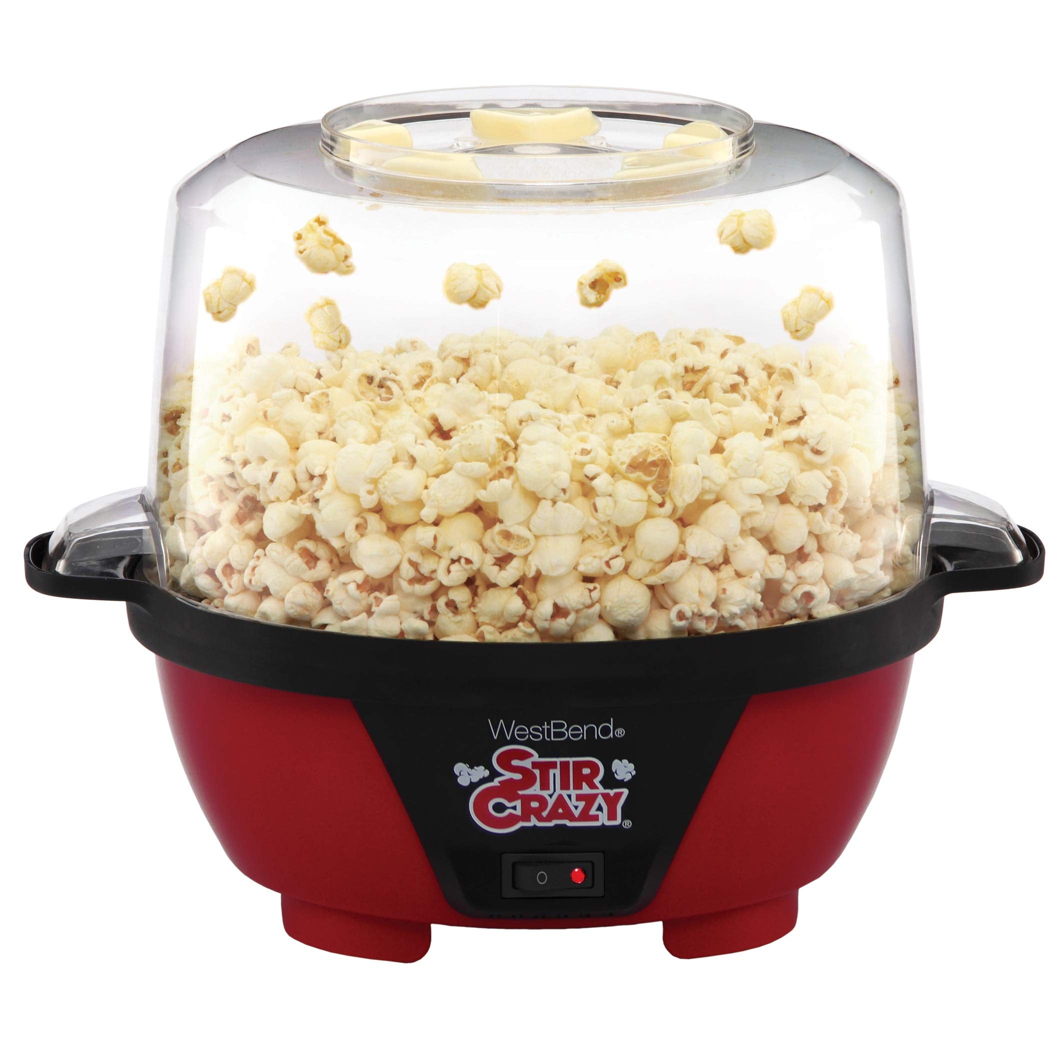 West Bend Stir Crazy Popcorn Machine Elektryczna maszyna do gorącego oleju z dużą pokrywką do miski do serwowania i wygodnym przechowywaniem w stosie, 6 litrów, czerwona