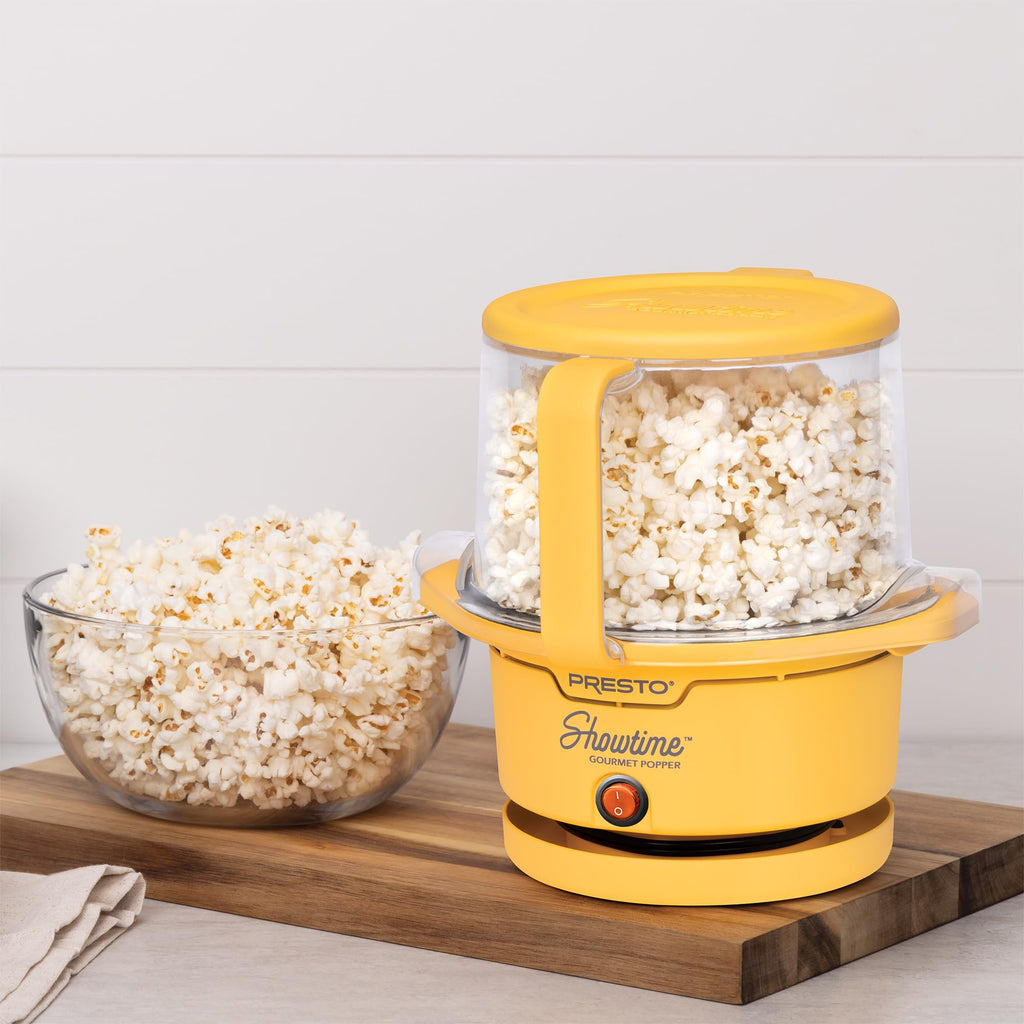 Presto 05206 Showtime Gourmet Oil Popcorn Popper - 9 filiżanek, wbudowana miska do serwowania, kompaktowa konstrukcja, ceramiczna powłoka zapobiegająca przywieraniu, bez PFAS, żółty