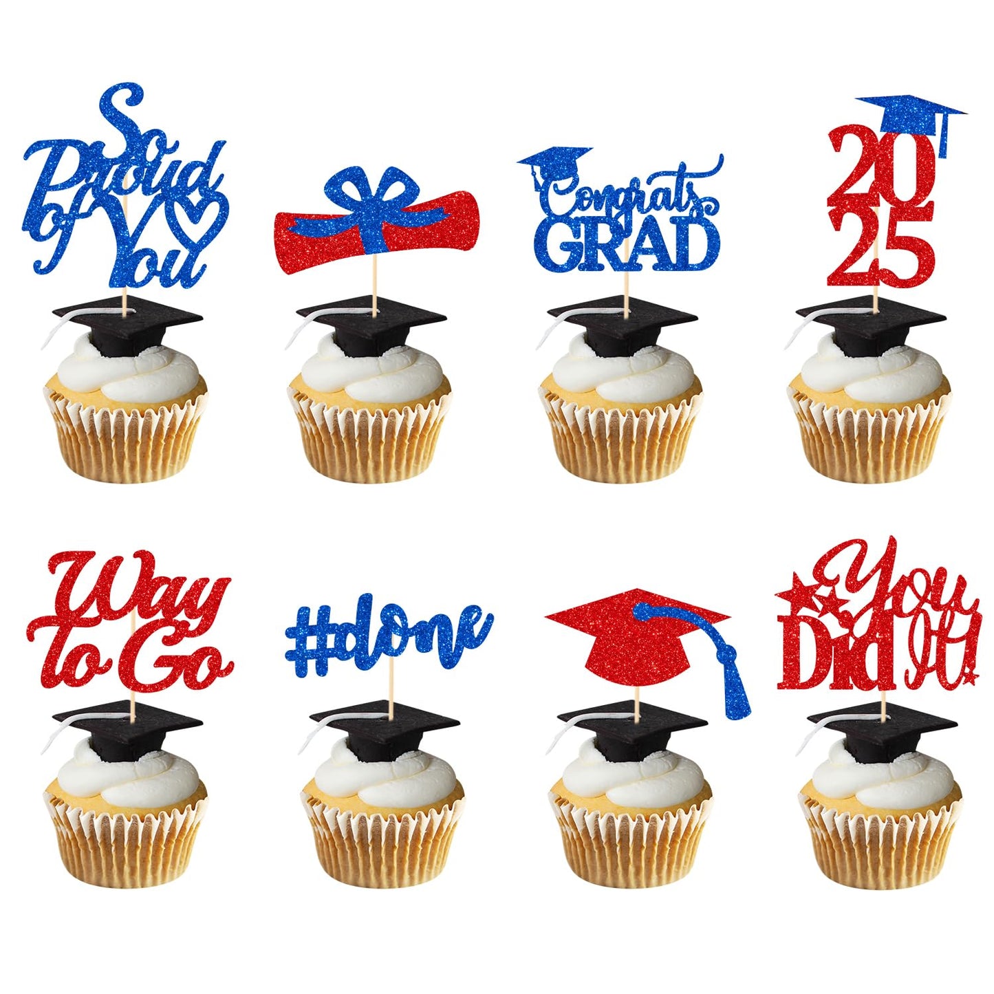 Graduation Decorations 2025 Blue, Graduation Cupcake Toppers 2025 Blue Black, Glitter Class of 2025 Cupcake Toppers Supplies, Class of 2025 Congrats Grad Cap Diploma Cupcake Picks - 40Pcs