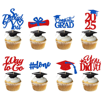 Graduation Decorations 2025 Blue, Graduation Cupcake Toppers 2025 Blue Black, Glitter Class of 2025 Cupcake Toppers Supplies, Class of 2025 Congrats Grad Cap Diploma Cupcake Picks - 40Pcs