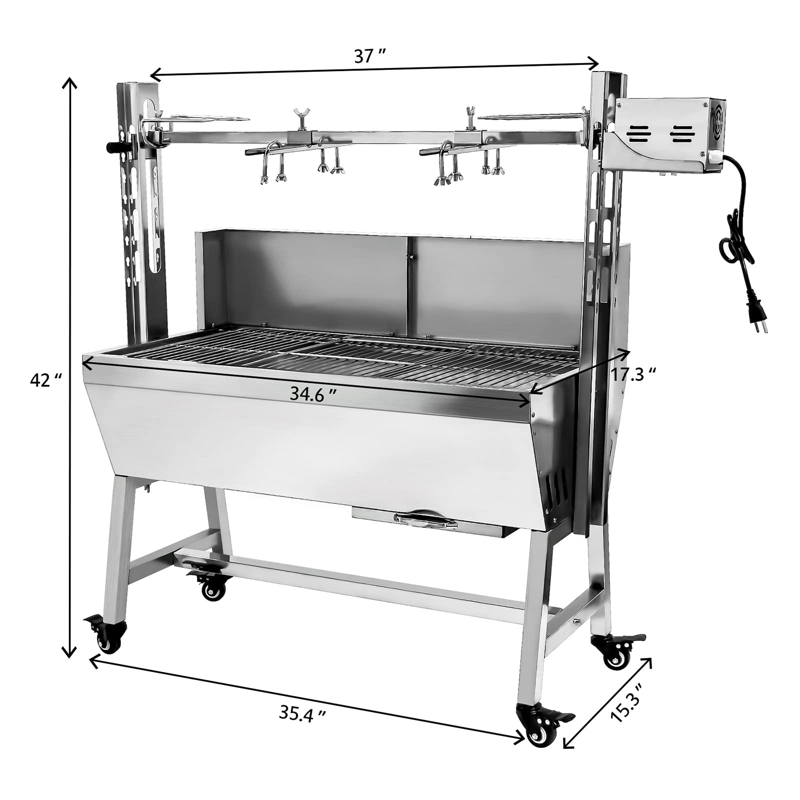 ZZZZS BBQ Rotisserie Grill Roaster Charcoal Roast Machine 132LBS Charcoal Bearing Lamb Spit Roaster Hog Roasting Machine na piknik na świeżym powietrzu Camping Wysokość regulowana, z przegrodą