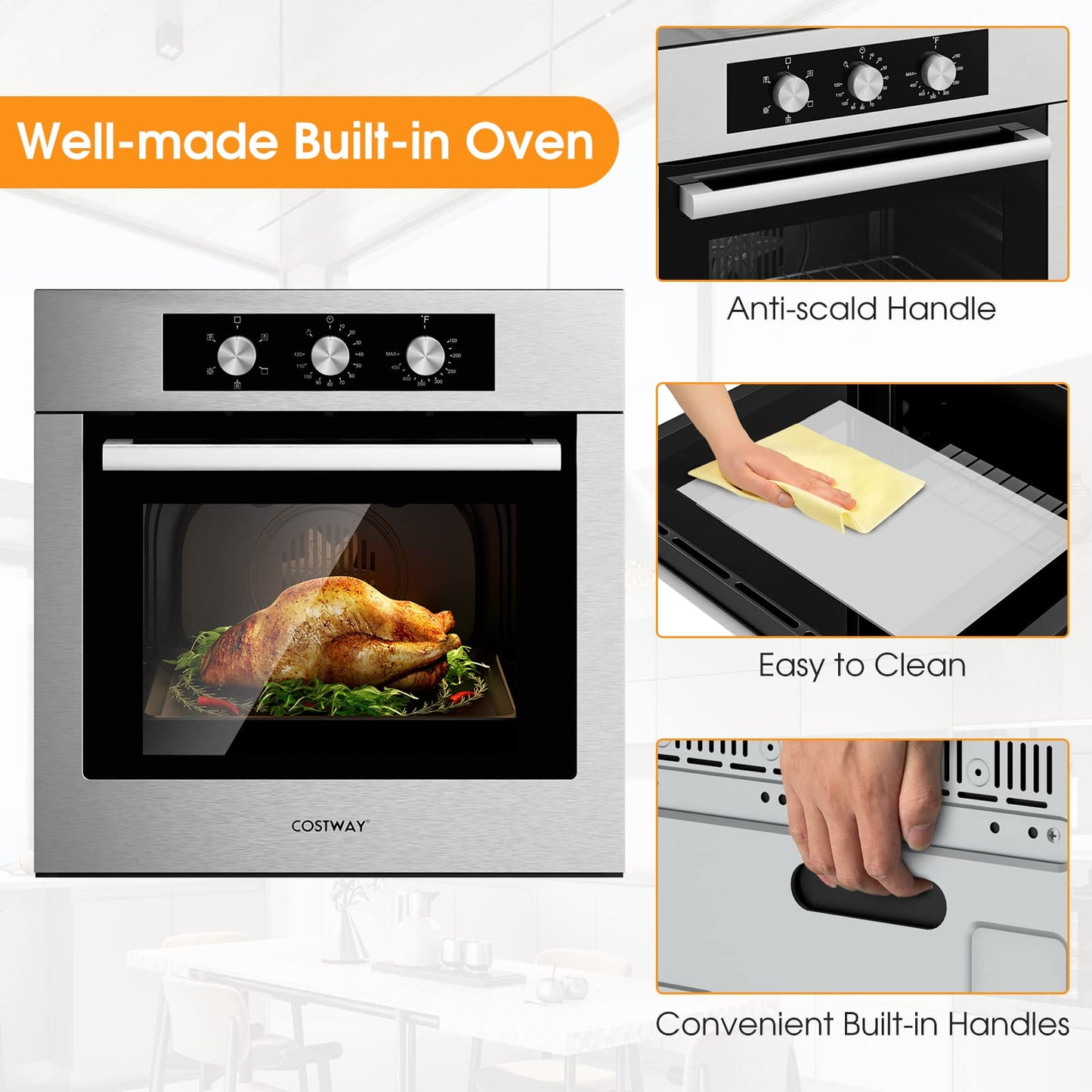 COSTWAY 24" Single Wall Oven, Electric Built-in Wall Oven with 2.47 Cu. Ft. Capacity, 5 Cooking Functions, 360° Rotisserie and Timer, 2300W Built-in Oven in Stainless Steel with Mechanical Knobs