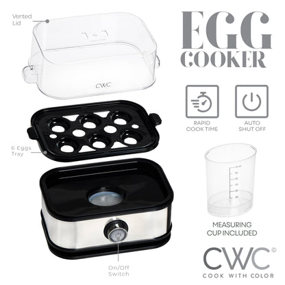 COOK WITH COLOR: 210 Watt Egg Cooker - 6 Egg Capacity, Rapid Cook Time, Auto Shut Off, with Tray, Measuring Cup, and Lid, Stainless Steel